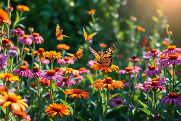 Monarch butterflies flutter among vibrant orange and pink coneflowers in a sunlit garden, with lush green foliage in the background. Sunlight gently illuminates the scene, creating a bright, cheerful atmosphere.