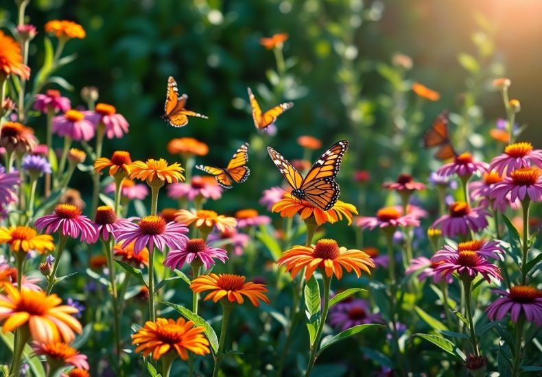 Monarch butterflies flutter among vibrant orange and pink coneflowers in a sunlit garden, with lush green foliage in the background. Sunlight gently illuminates the scene, creating a bright, cheerful atmosphere.