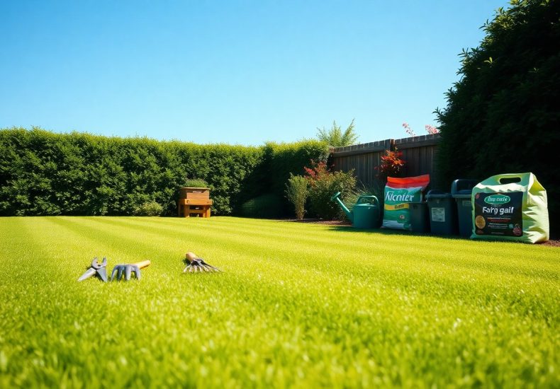 A neatly mowed lawn in a sunny backyard with garden tools on the grass and gardening supplies, a watering can, compost bags, and plants near a wooden fence lined by tall green hedges.