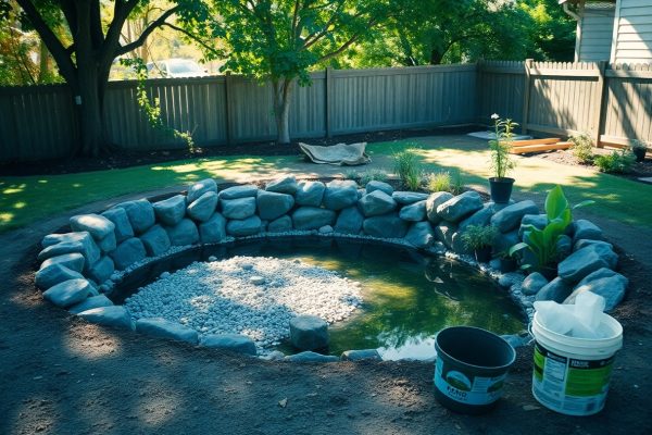 A backyard with a partially completed pond lined with large rocks, some plants in pots, construction materials, and gardening tools nearby. A wooden fence and trees provide shade around the area.
