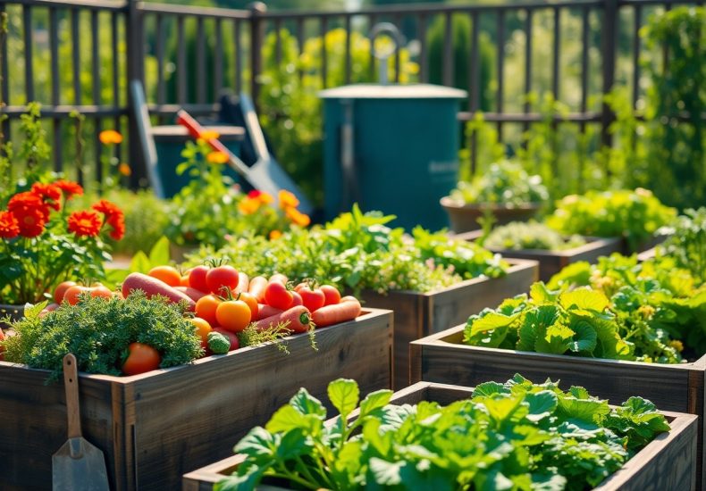 Raised wooden garden beds filled with lush green vegetables, tomatoes, and herbs, surrounded by blooming flowers and gardening tools, set on a sunny outdoor patio with a wooden fence in the background.