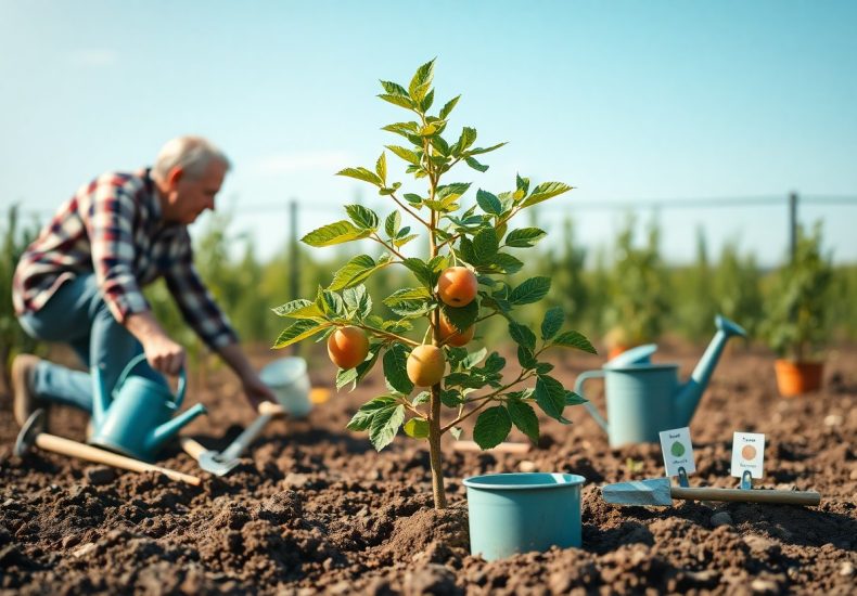 An older man waters a young apricot tree in a garden, surrounded by gardening tools, pots, and plant markers, with other trees and a bright blue sky in the background.