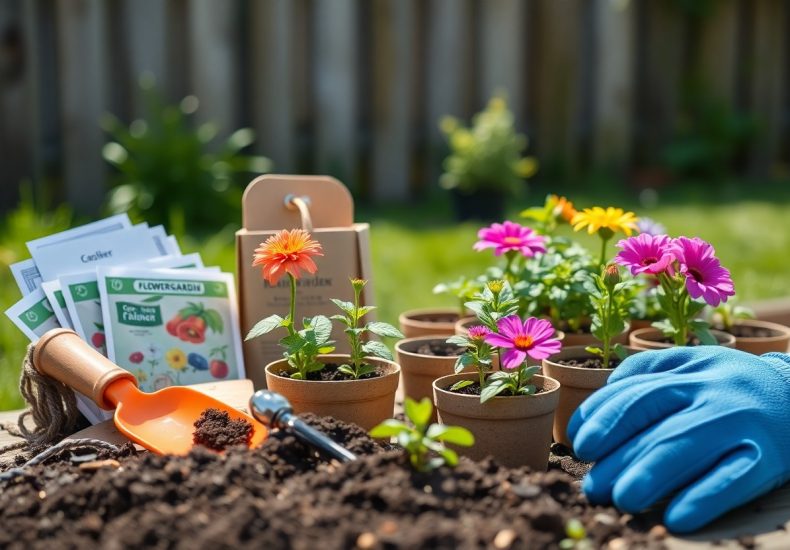 Pots of colorful flowers, seed packets, a trowel, gardening gloves, and soil are arranged on an outdoor table in a sunny garden, with a wooden fence and greenery in the blurred background.