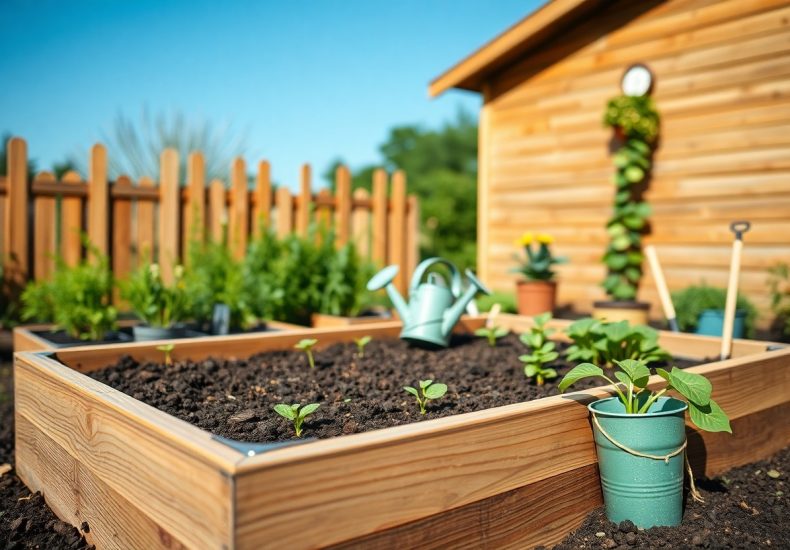 A raised wooden garden bed with young plants and a small green watering can sits in a sunny backyard near a wooden shed, surrounded by potted plants and gardening tools.