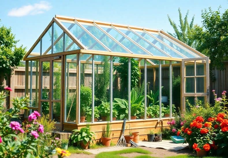 A wooden-framed glass greenhouse filled with green plants stands in a sunny garden, surrounded by blooming flowers, shrubs, and garden tools on the grass. A wooden fence and trees are in the background.