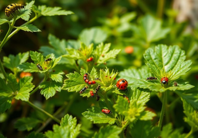 Several ladybugs and a striped caterpillar crawl on bright green leaves in a sunlit garden, with yellow-green foliage filling the background.