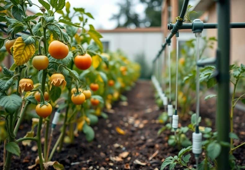 Rows of tomato plants with ripening orange and red tomatoes growing in garden soil, alongside a drip irrigation system, in a well-maintained outdoor garden area.