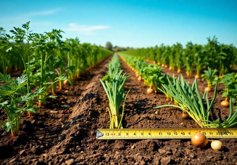 Rows of young onion and carrot plants grow in a field under a blue sky. A yellow measuring tape lies on the soil in the foreground beside a few small onions.