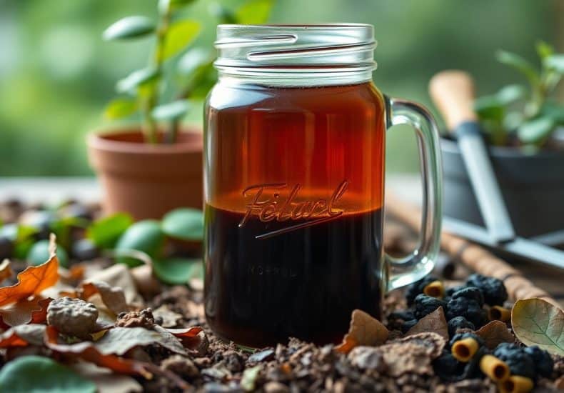 A mason jar filled with dark iced tea sits on a table surrounded by soil, leaves, berries, and gardening tools, with potted plants and greenery blurred in the background.