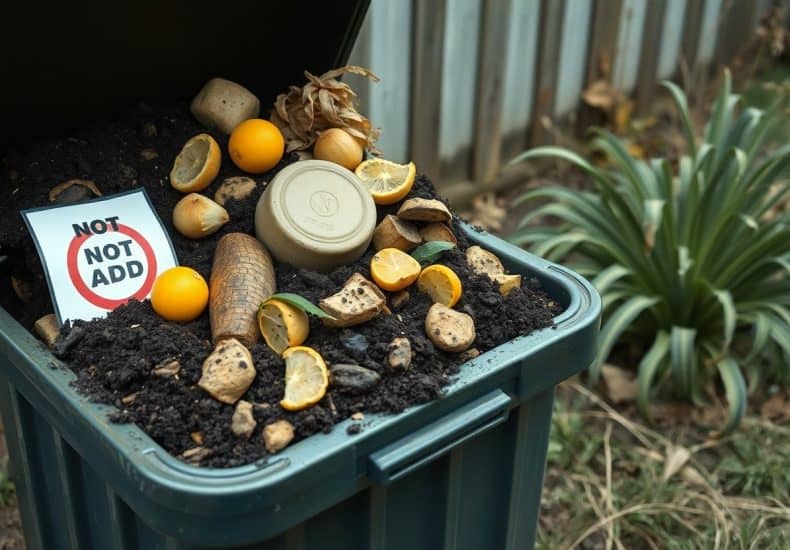 A compost bin filled with soil, food scraps like orange peels and bread, a Not Add sign, and a biodegradable container, situated outdoors near a plant and a metal fence.