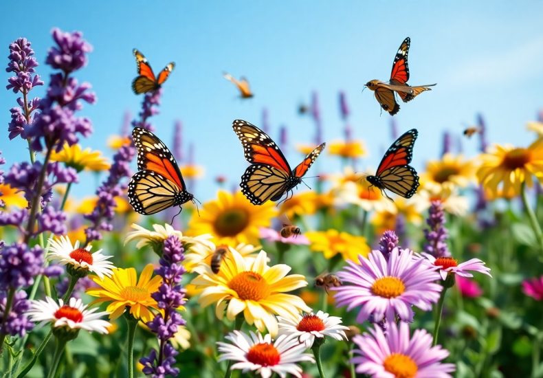 Several monarch butterflies fly among colorful wildflowers, including purple, pink, white, and yellow blooms, under a bright blue sky on a sunny day.