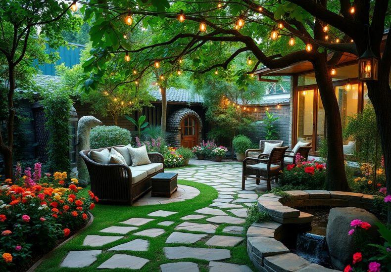 A cozy garden patio with wicker furniture, stone pathway, vibrant flowers, lush greenery, hanging string lights, and a small water feature, creating a tranquil and inviting outdoor space near a house.