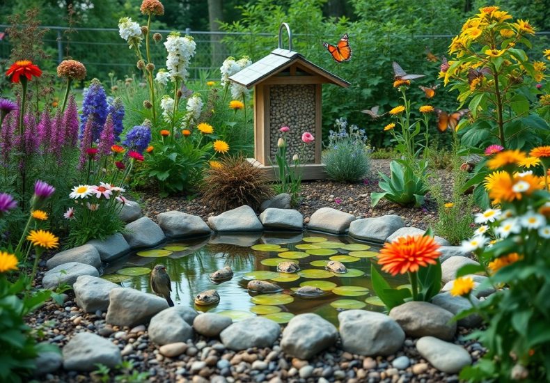 A colorful garden with blooming flowers surrounds a small stone-edged pond with lily pads. A bird drinks from the pond, and a butterfly flutters nearby. A wooden bird feeder stands in the background.