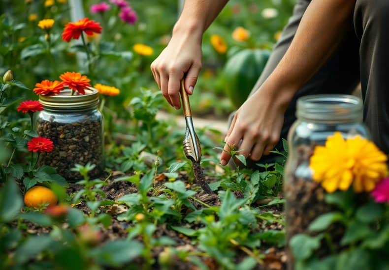A person is gardening, using a small tool to tend soil among colorful flowers. Two jars filled with seeds or nuts sit nearby, surrounded by lush greenery and blooming flowers.
