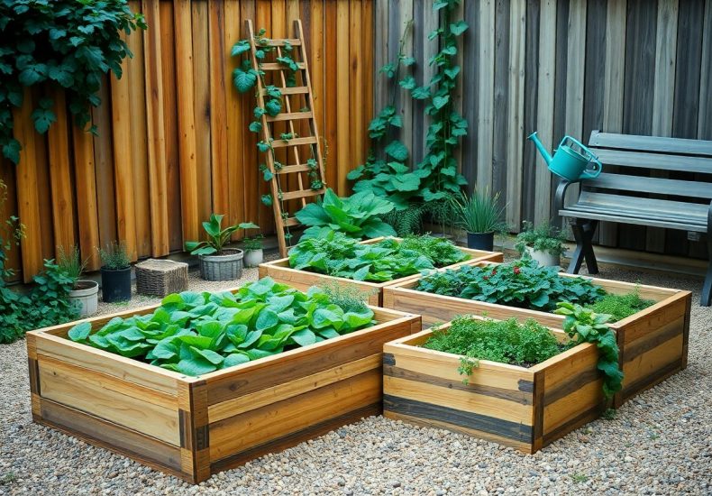 A backyard garden with four raised wooden beds filled with leafy green vegetables and herbs. There is a wooden bench, a blue watering can, a ladder, potted plants, and a wooden fence in the background.
