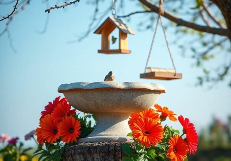 A small bird perches on the edge of a stone birdbath surrounded by bright orange and red flowers, with two wooden bird feeders hanging from a tree branch in the background.