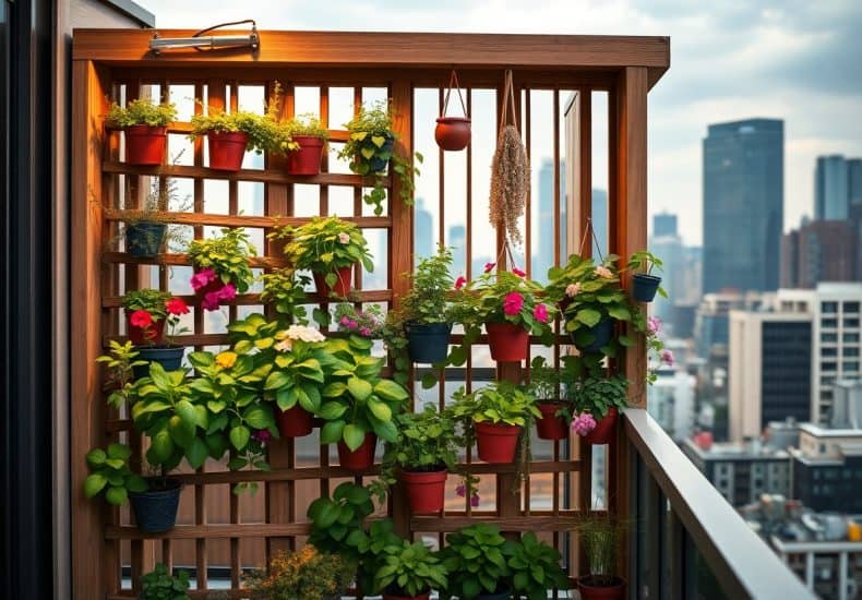 A small balcony garden with various potted plants and flowers arranged on a wooden trellis, overlooking a city skyline with tall buildings under a cloudy sky.