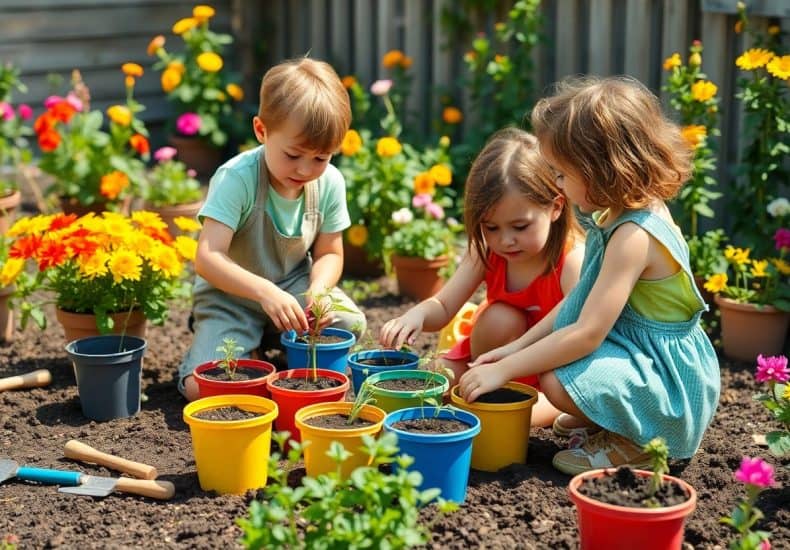 Three young children are planting seedlings in colorful pots in a garden, surrounded by blooming flowers and gardening tools on a sunny day.