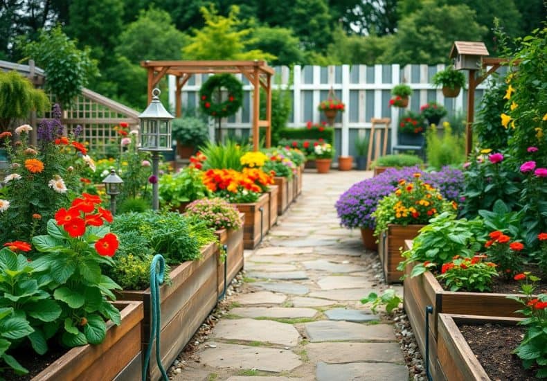 A stone path runs through a garden with raised wooden flower beds filled with colorful blooms and greenery, surrounded by hanging baskets, potted plants, and garden structures.