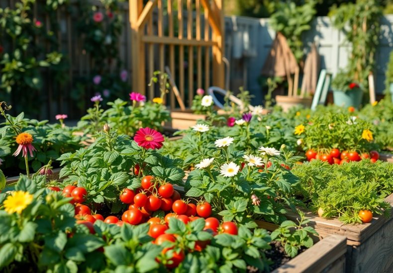 A vibrant garden with raised beds full of ripe cherry tomatoes, colorful daisies, green leafy plants, and blooming flowers. A wooden trellis and garden decor are visible in the sunny background.