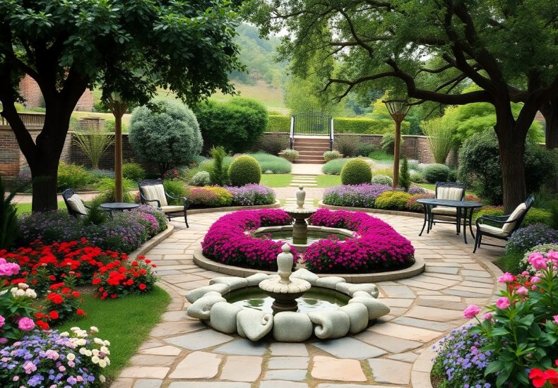 A colorful garden with blooming flowers, manicured shrubs, stone pathways, outdoor seating, and a central fountain, surrounded by trees and greenery on a bright day.