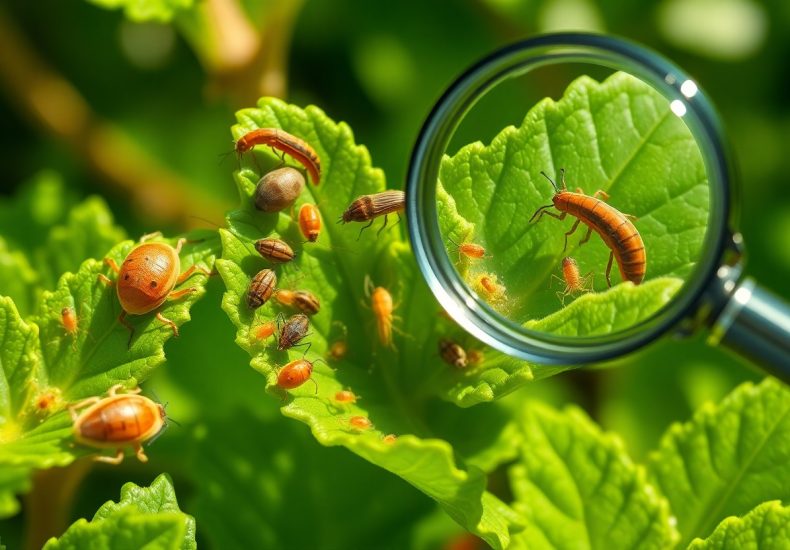 A close-up of various small insects on bright green leaves, with a magnifying glass highlighting one insect and revealing its detailed features. The scene is well-lit and vibrant.
