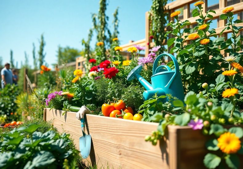 A colorful raised garden bed filled with flowers, herbs, peppers, and tomatoes. A blue watering can and gardening tools rest on the soil. A wooden trellis and blue sky are seen in the background.