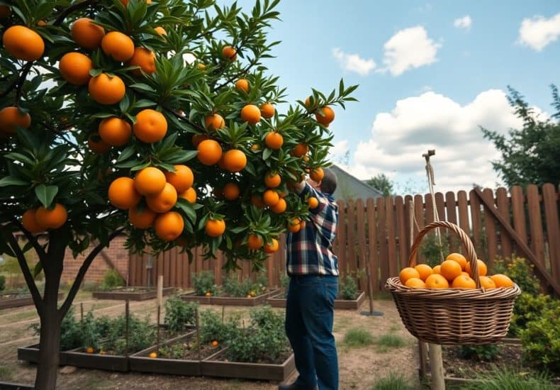 A person in a plaid shirt picks ripe oranges from a tree in a backyard garden, with a large wicker basket full of oranges hanging nearby. There are garden beds and a wooden fence in the background under a blue sky.