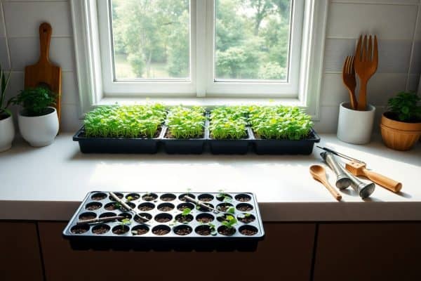 Trays of young green seedlings sit on a sunny kitchen windowsill, surrounded by potted herbs and wooden utensils. A seedling tray and gardening tools are placed on the countertop beneath the window.