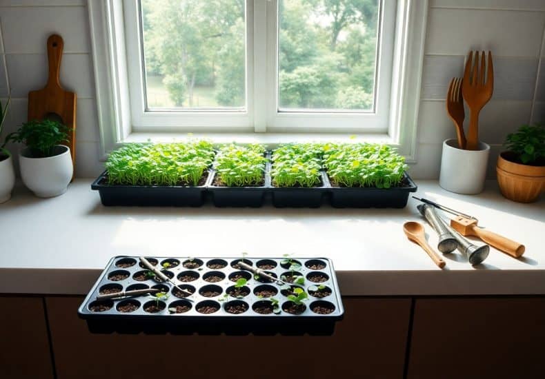 Trays of young green seedlings sit on a sunny kitchen windowsill, surrounded by potted herbs and wooden utensils. A seedling tray and gardening tools are placed on the countertop beneath the window.