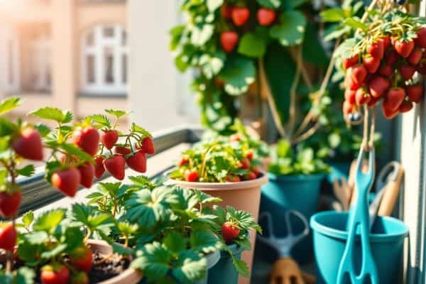 Potted strawberry plants with ripe red strawberries grow on a sunny balcony, surrounded by gardening tools and green foliage, with buildings visible in the blurred background.