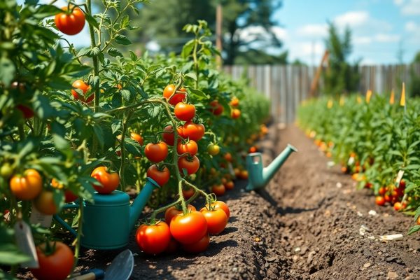 Rows of ripe, red tomatoes grow on green vines in a sunny garden. Watering cans and gardening tools rest on the soil between the rows, with a wooden fence and trees in the background.