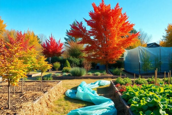 A vibrant autumn garden with raised beds, leafy vegetables, and colorful trees with red and orange foliage. A blue mesh sheet is spread on the ground, and a building with netting is visible in the background.