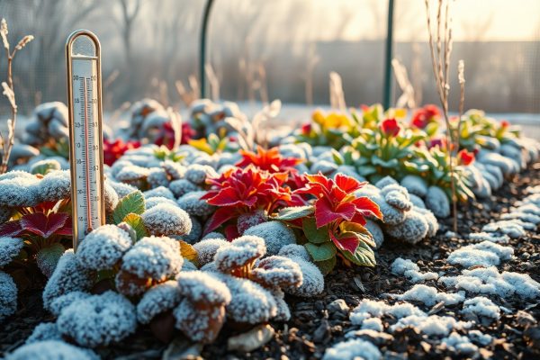 A garden bed with red and green plants dusted with frost, a thermometer stuck in the soil showing a low temperature. Sunlight casts a warm glow over the wintry scene, emphasizing the mix of snow and vibrant foliage.