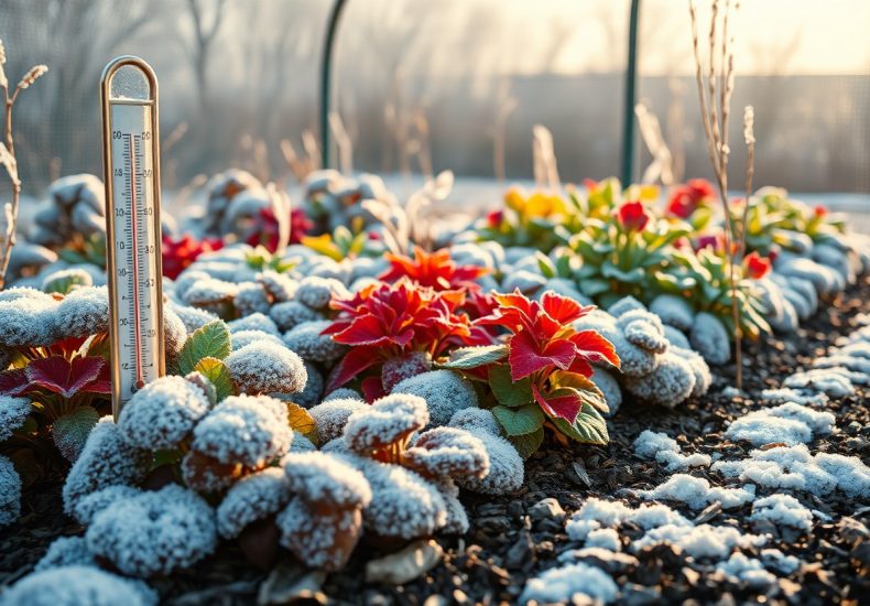 A garden bed with red and green plants dusted with frost, a thermometer stuck in the soil showing a low temperature. Sunlight casts a warm glow over the wintry scene, emphasizing the mix of snow and vibrant foliage.