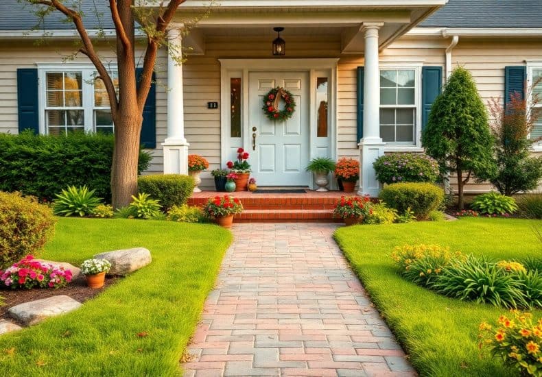 A brick walkway leads to a house with a white front door, columns, and a wreath. The yard is landscaped with green grass, shrubs, trees, and colorful potted flowers along the path and steps.