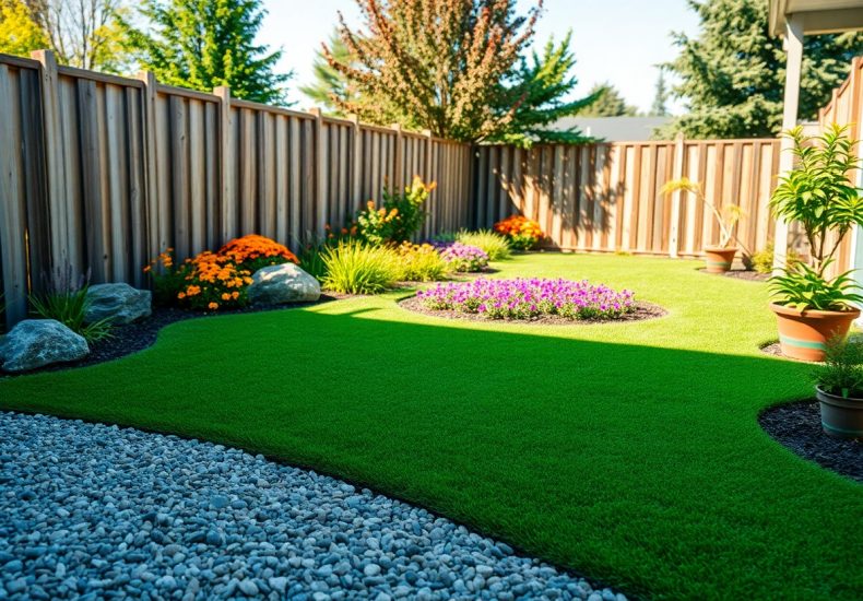 A neatly landscaped backyard with green grass, flower beds, potted plants, and decorative rocks, bordered by a wooden fence and trees in the background on a sunny day.