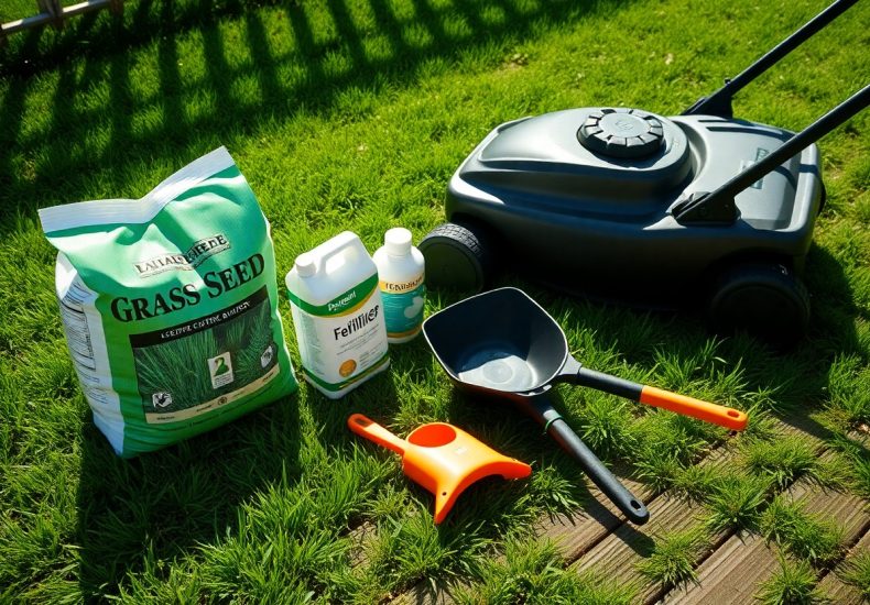A bag of grass seed, fertilizer bottle, lawn mower, scoop, and an orange seed spreader are arranged on a grassy lawn next to wooden planks in bright sunlight.