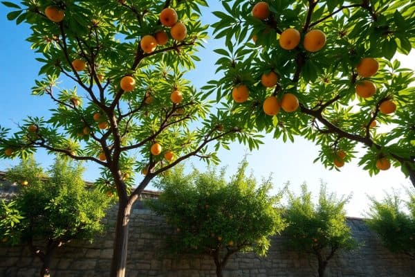 Orange trees with green leaves and ripe fruit grow beside a stone wall under a clear blue sky, sunlight shining through the branches.