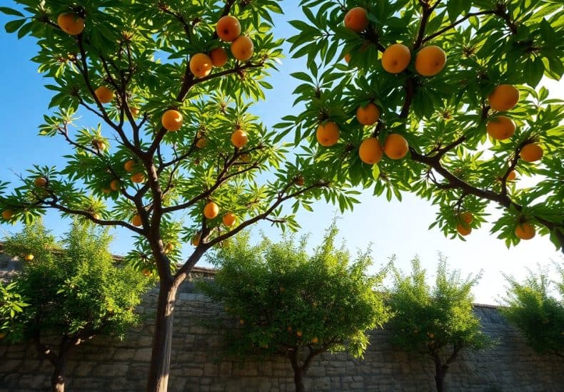 Orange trees with ripe fruit growing beside a stone wall under a clear blue sky, sunlight filtering through the green leaves.