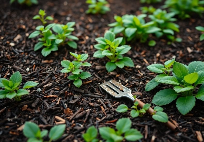 Young green plants growing in dark brown mulch, with a small hand garden fork lying on the ground among the foliage.