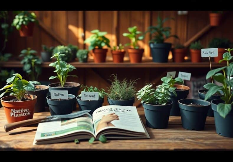 A wooden table displays potted native plants with labeled signs. An open plant care book is in front, and more plants are on shelves in the background, all in a bright, indoor gardening setting.