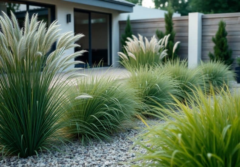 Ornamental grasses with feathery plumes grow in a neat row among small gravel stones in a modern backyard, bordered by a wooden fence and a contemporary house in the background.