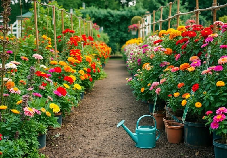 A dirt path runs between rows of potted, colorful flowers in a garden. A blue watering can sits on the path, surrounded by vibrant blooms in shades of red, orange, yellow, pink, and purple.