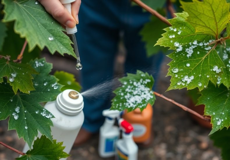 A person sprays a white substance onto green grapevine leaves using a spray bottle. Droplets from a dropper are also applied to the leaves. Other spray bottles and containers are visible in the background.