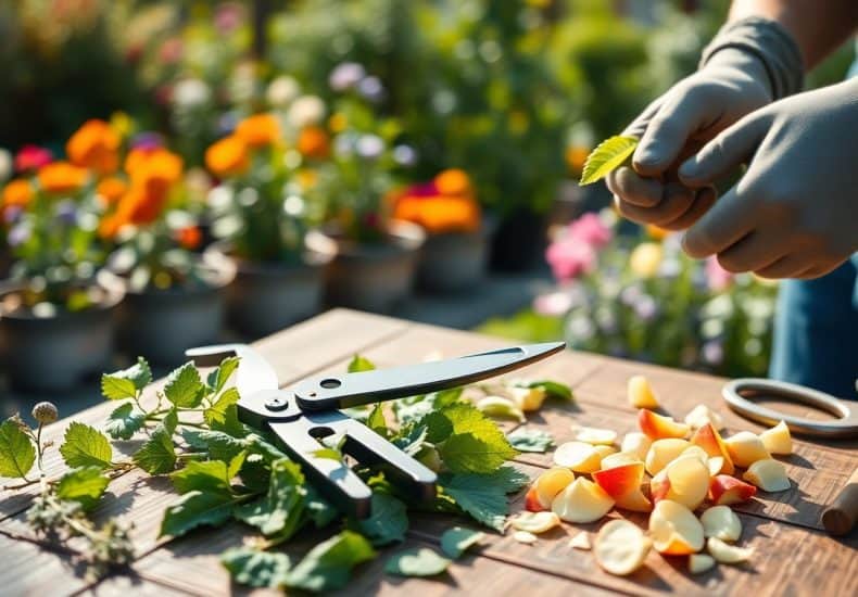 A person wearing gardening gloves trims leaves and slices apples on a wooden table outdoors, with garden shears and colorful flowers in pots visible in the blurred background.