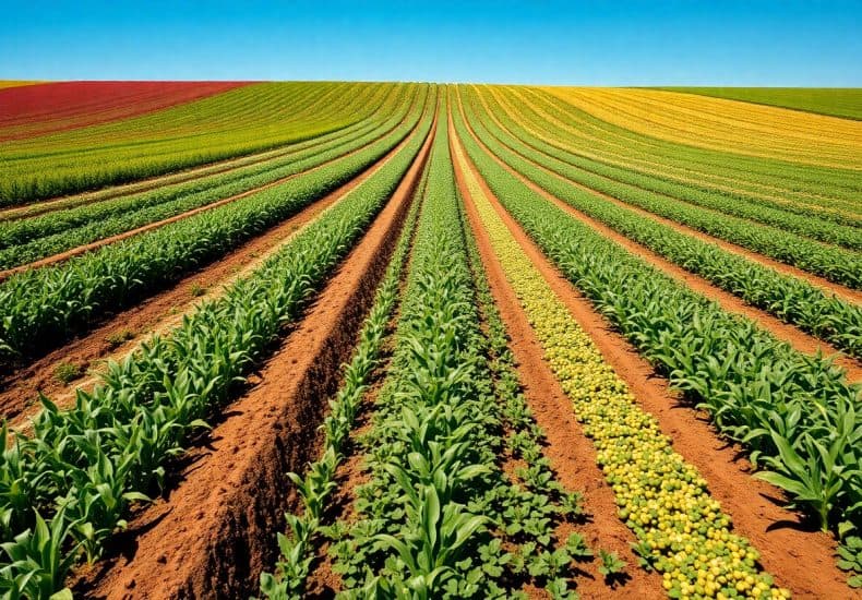 Wide view of colorful, neatly arranged crop rows stretching across a gently rolling field, with sections of red, green, and yellow plants under a clear blue sky. The soil is rich and reddish-brown.
