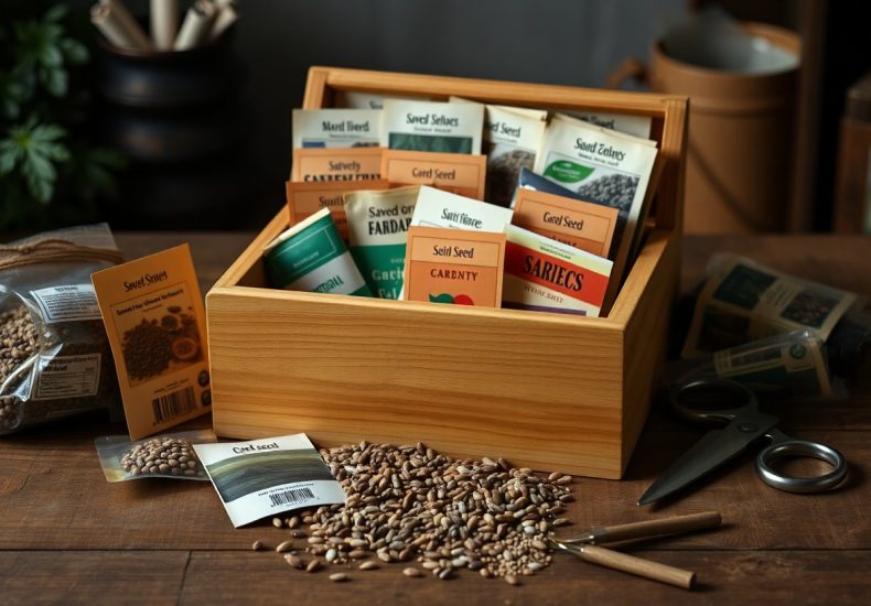 A wooden box filled with various seed packets is on a wooden table. Open seed packets, loose seeds, a pencil, scissors, and gardening supplies are scattered around the box.