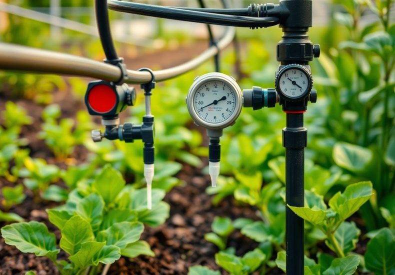 Close-up of a drip irrigation system with gauges and valves installed in a garden bed with leafy vegetable plants, highlighting water management technology in agriculture.