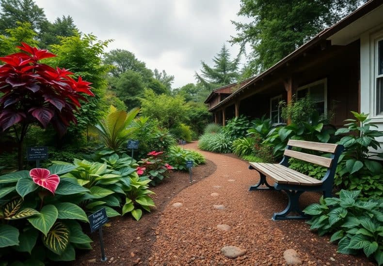 A gravel path winds through a lush garden with tropical plants and flowers beside a wooden bench and a house, under a cloudy sky. Small signs label some of the plants along the path.